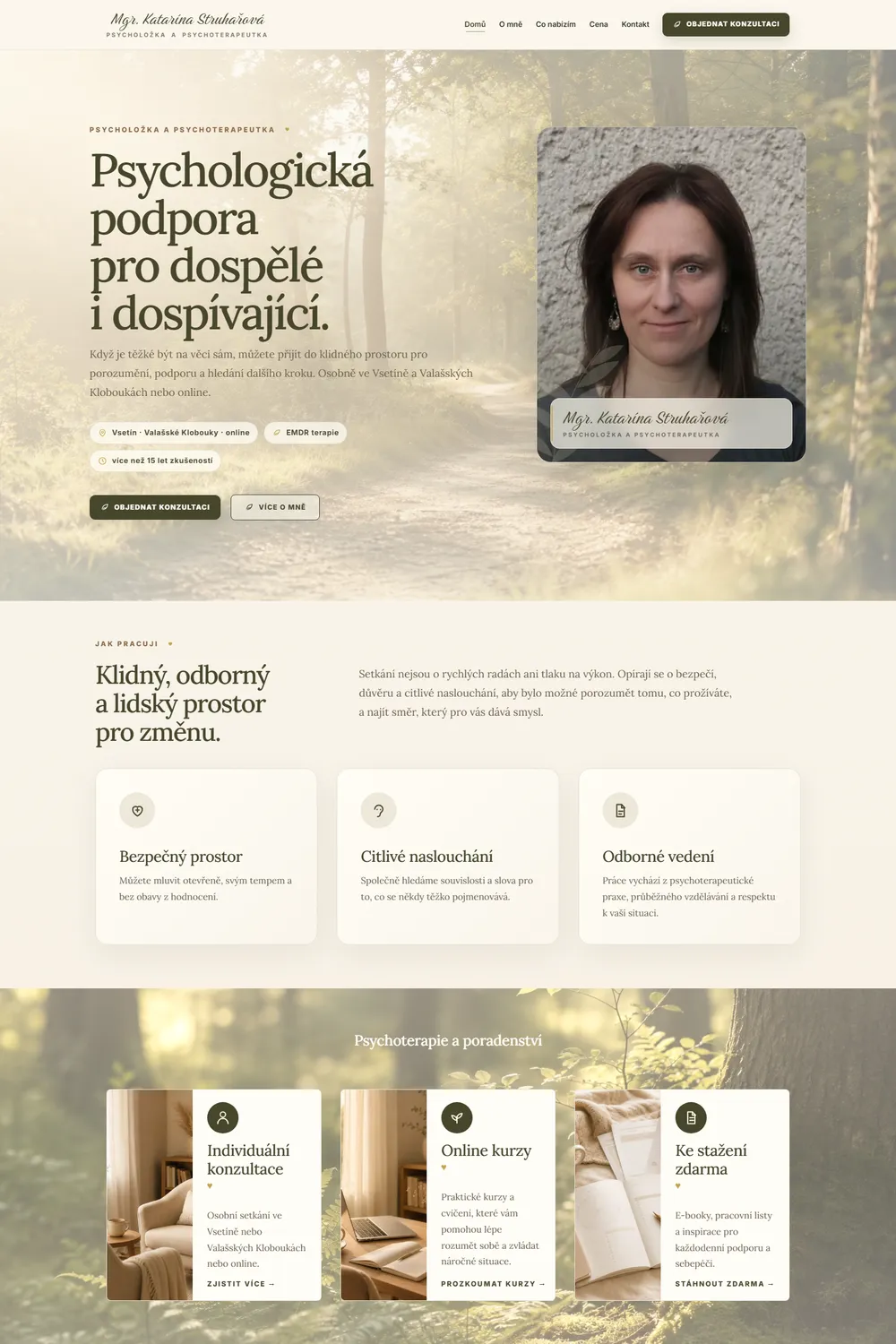 New site katarinastruharova.cz: a calm intro with a portrait, service areas, the EMDR method and a Book a consultation button.